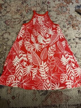 Red-Orange Tropical A-Line Sundress with the White Leaf Print